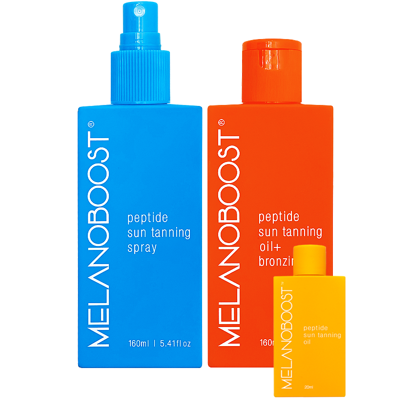 Melanin_Boosting_Duo_orange_and_aqua_bottles_of_Melanoboost_Peptide_Tan_accelerator_Sun_Tanning_Oil_and_spray_on_white_background