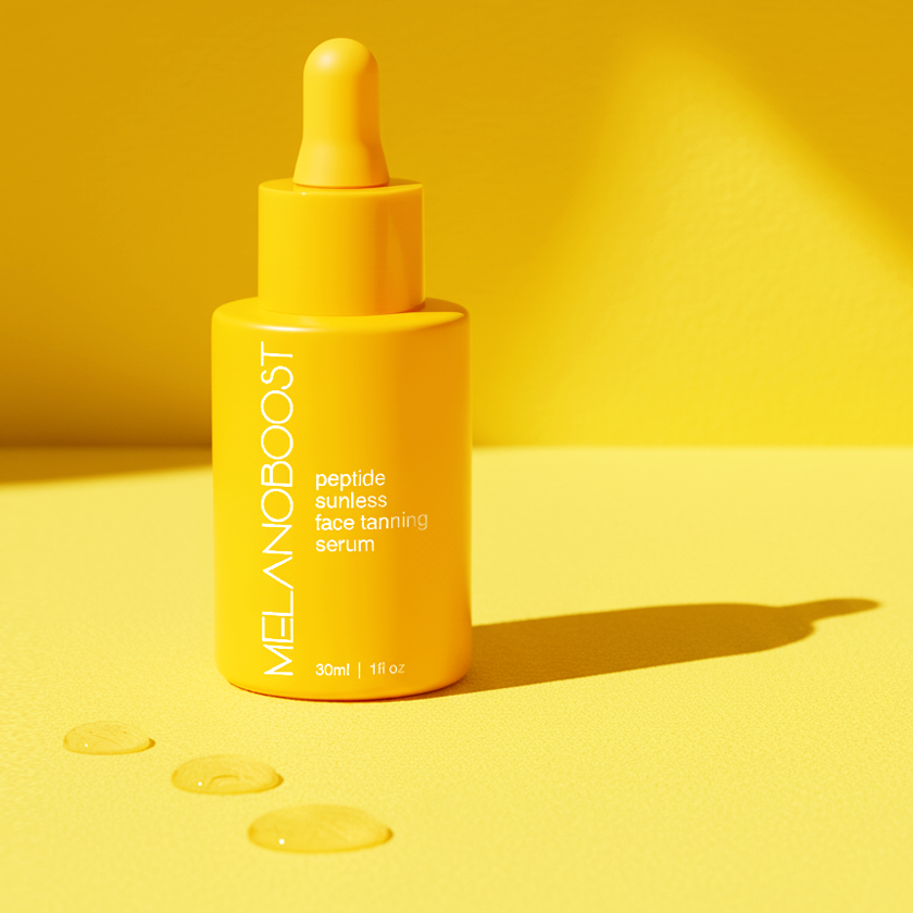 Yellow_bottle_of_Melanoboost_Peptide_Sunless_Face_Tanning_Serum_against_contrast_yellow_background