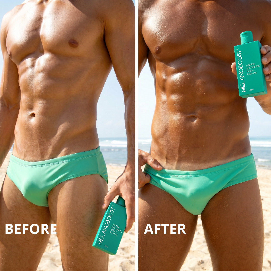 Split before-and-after beach photo showing a man from the waist up wearing bright green swim briefs and holding a green bottle of MELANOOBOOST Peptide Sun Tanning Spray Bronzing. The left side is labeled BEFORE and shows paler skin; the right side is labeled AFTER and shows a deep sun tanned result with prominent tan lines.
