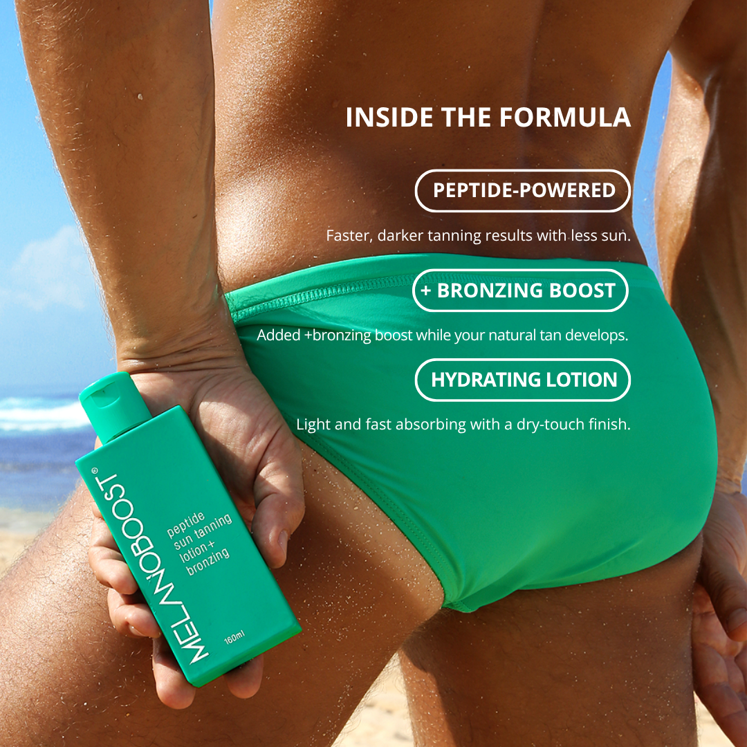 A man on a beach wearing green swim trunks and holding a green bottle ofMELI MELANOBOOST Peptide Sun Tanning Lotion + Bronzing. White text on the image describes the formula benefits: peptide-powered for faster darker tanning, added sunless bronzing boost, and hydrating lotion.