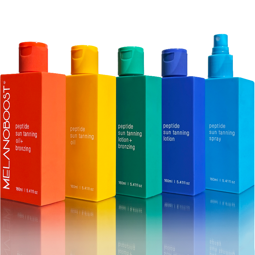Five colorful bottles of MELANOBOOST Peptide Sun Tanning Oils LOtions Spray on a reflective surface with a white background