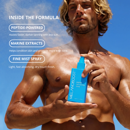 A shirtless man outdoors against a blue sky sprays an aqua bottle of Melanobost peptide tan-boosting spray. Text on the left highlights product features: peptide-powered, marine extracts, fine mist spray, and light fast-absorbing finish.