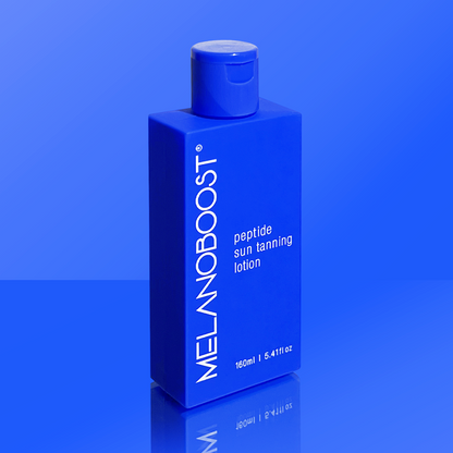 Melanoboost_Peptide_Sun_Tan_Accelerator_Lotion_on_blue_background