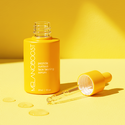 Yellow_bottle_of_Melanoboost_Peptide_Sunless_Face_Tanning_Serum_with_dropper_against_contrast_yellow_background