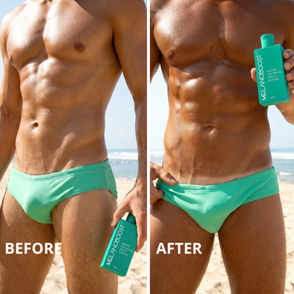 Split before-and-after beach photo showing a man from the waist up wearing bright green swim briefs and holding a green bottle of MELANOOBOOST Peptide Sun Tanning Spray Bronzing. The left side is labeled BEFORE and shows paler skin; the right side is labeled AFTER and shows a deep sun tanned result with prominent tan lines.