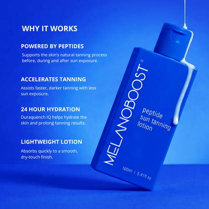 A blue bottle of MELANOOOST peptide sun tanning lotion shown on a blue background with marketing text on the left explaining benefits. peptide powered supports the skin&