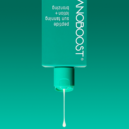bottle_of_Melanoboost_Peptide_Sun_Tan_Accelerator_Lotion_Bronzing_on_a_green_background