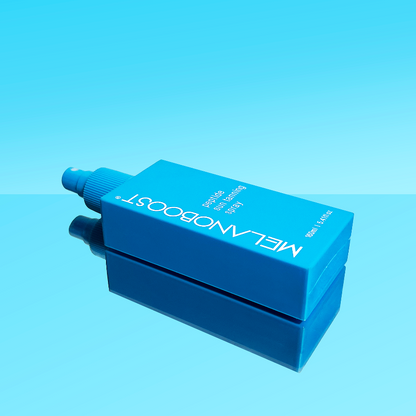 bottle_of_Melanoboost_Peptide_Sun_Tan_Accelerator_Spray_on_a_reflective_aqua_background