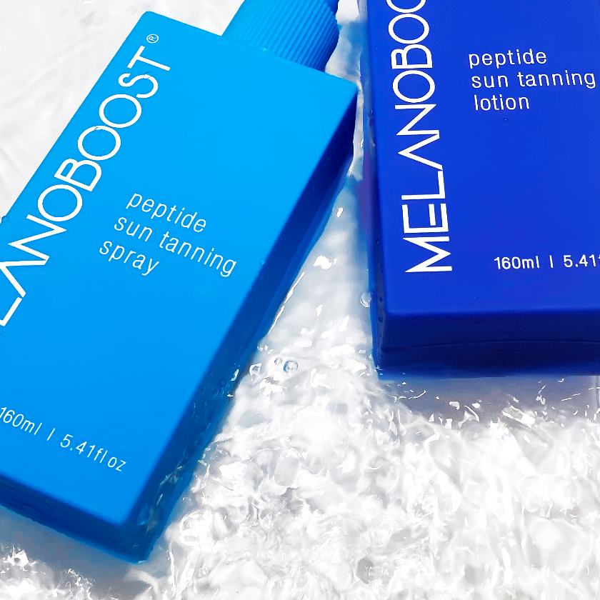 Melanin_Boosting_Duo_Melanoboost_Peptide_Sun_Tan_accelerator_Lotion_and_Spray_bottles_Lying_on_white_water_background