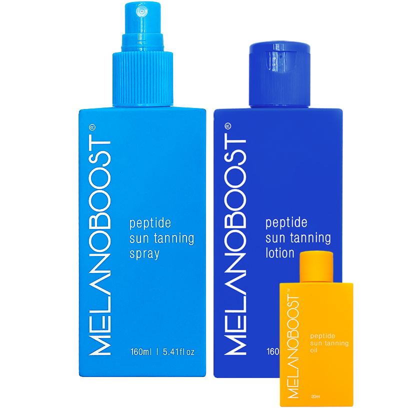 Melanin_Boosting_Duo_Melanoboost_Peptide_Sun_Tan_accelerator_Lotion_and_Spray_bottles_on_white_background