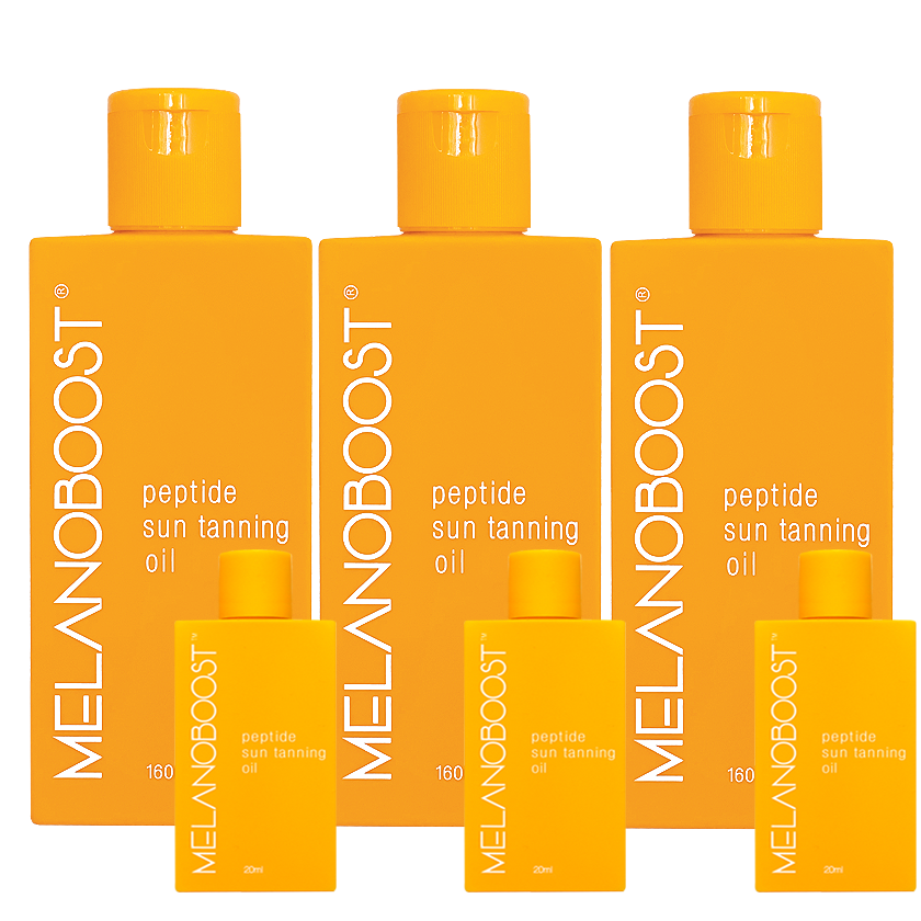 Tan_accelerator_trio_of_yellow_Melanoboost_Peptide_Sun_Tanning_Oil_bottles_against_a_white_background